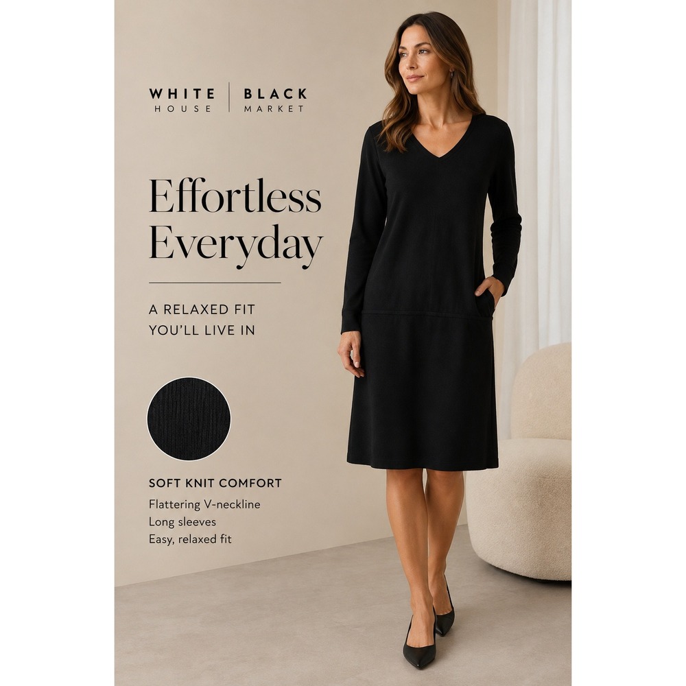 White House Black‎ Market Black Long Sleeve V Neck Knit Sweater Dress Midi